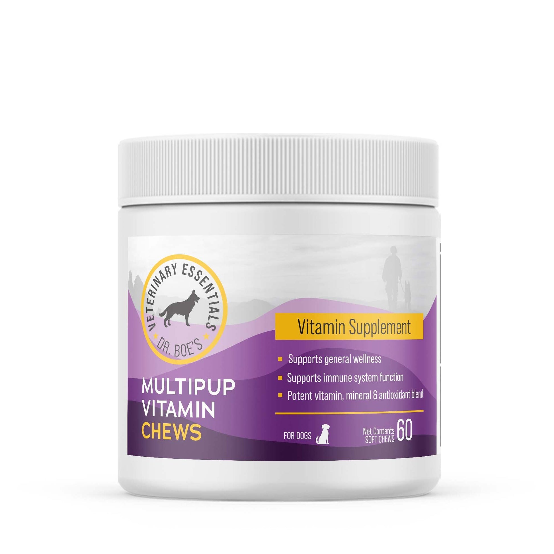 A bottle of Dr. Boe's Veterinary Essentials MultiPup Vitamin Supplement chews for dogs.