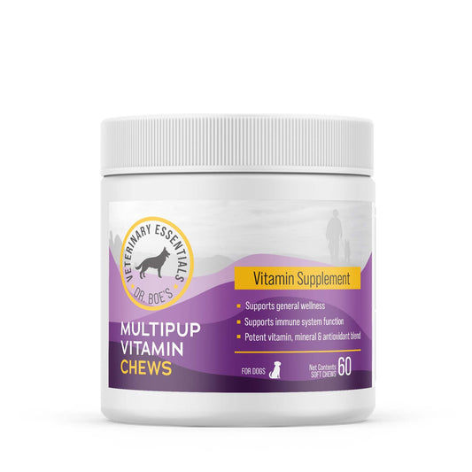 A bottle of Dr. Boe's Veterinary Essentials MultiPup Vitamin Supplement chews for dogs.