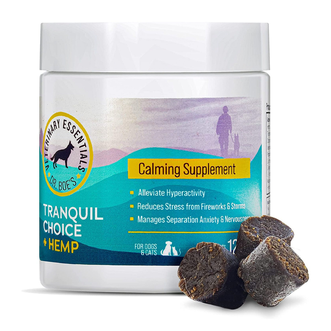 Dr. Boe's Veterinary Essentials TranquilChoice Calming Chews with Hemp. A container of calming supplement for dogs with a label featuring a white pill capsule, some dog treats, and a graphic of a dog and owner.